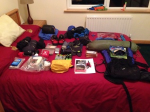 Sorting the gear. It's always a struggle to get the duvet into the rucksack.